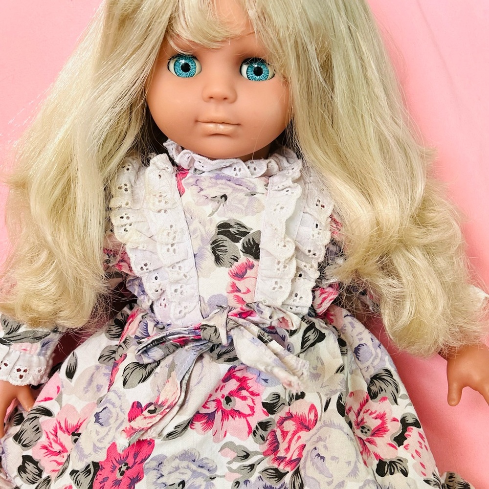 Vintage Simba Doll Classic Floral Dress Doll with Blonde Hair - Pink & White
